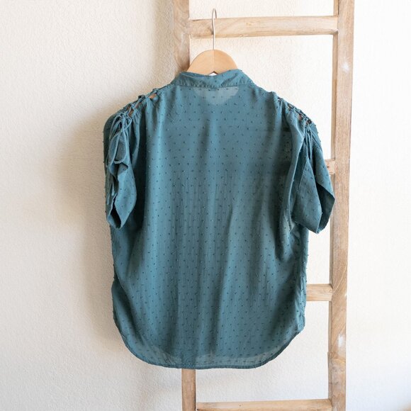 Express Oversized XS Swiss Dot Blue Green Tie Shoulder ButtonUp Short Sleeve Top - Picture 7 of 8